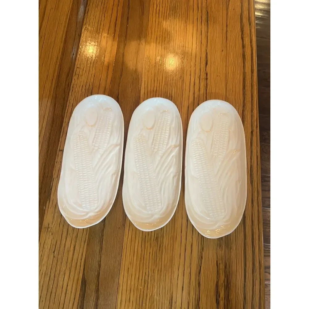 Vintage Czechoslovakia Corn on the Cob Dishes Set of 3 White Ceramic Farmhouse